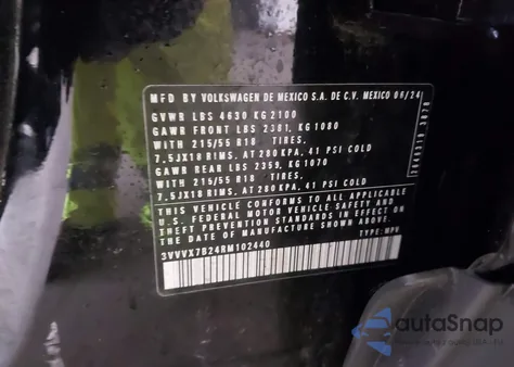 2024 Volkswagen Taos 1.5T Se from USA, damaged, VIN 3VVVX7B24RM102440